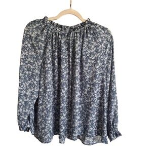 LOFT Women's Floral Print Back Peplum Boho Blouse Blue and White Size L